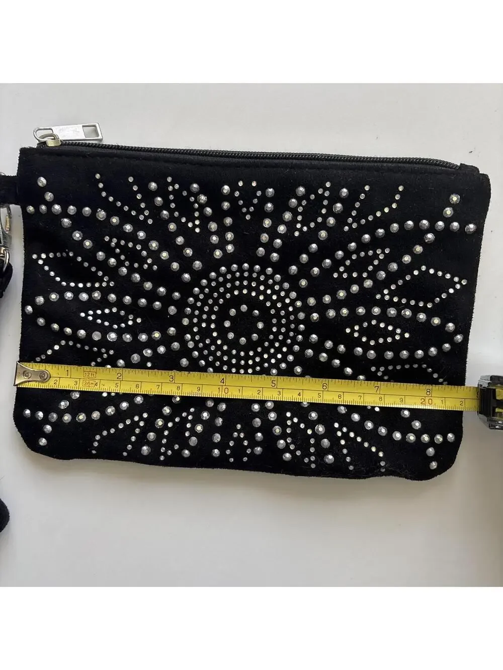 Black Suede Wristlet Clutch with Silver Studded Sunburst Design